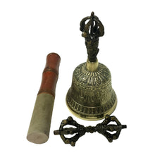 Load image into Gallery viewer, Brass Tibetan Bell with Dorje and Striker - 5inch high
