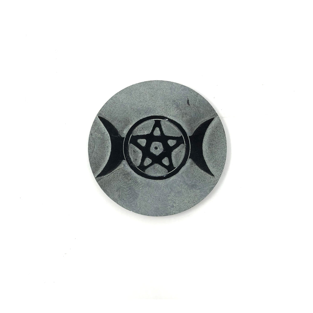 Stone Incense & Cone Burner Round Triple Moon Pentacle 4inch