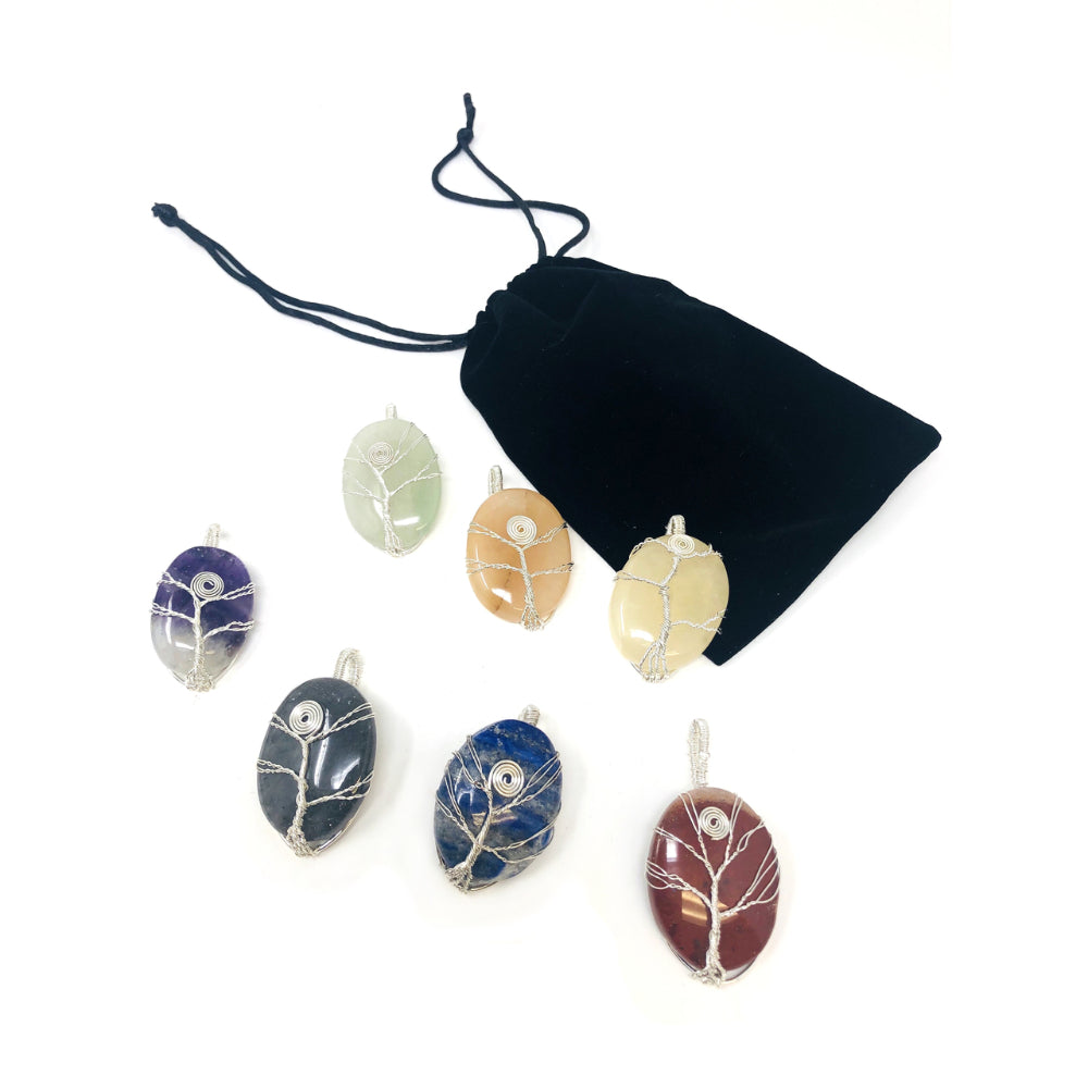 7 chakra OVAL stone wire wrap pendant set with velvet pouch SET#3