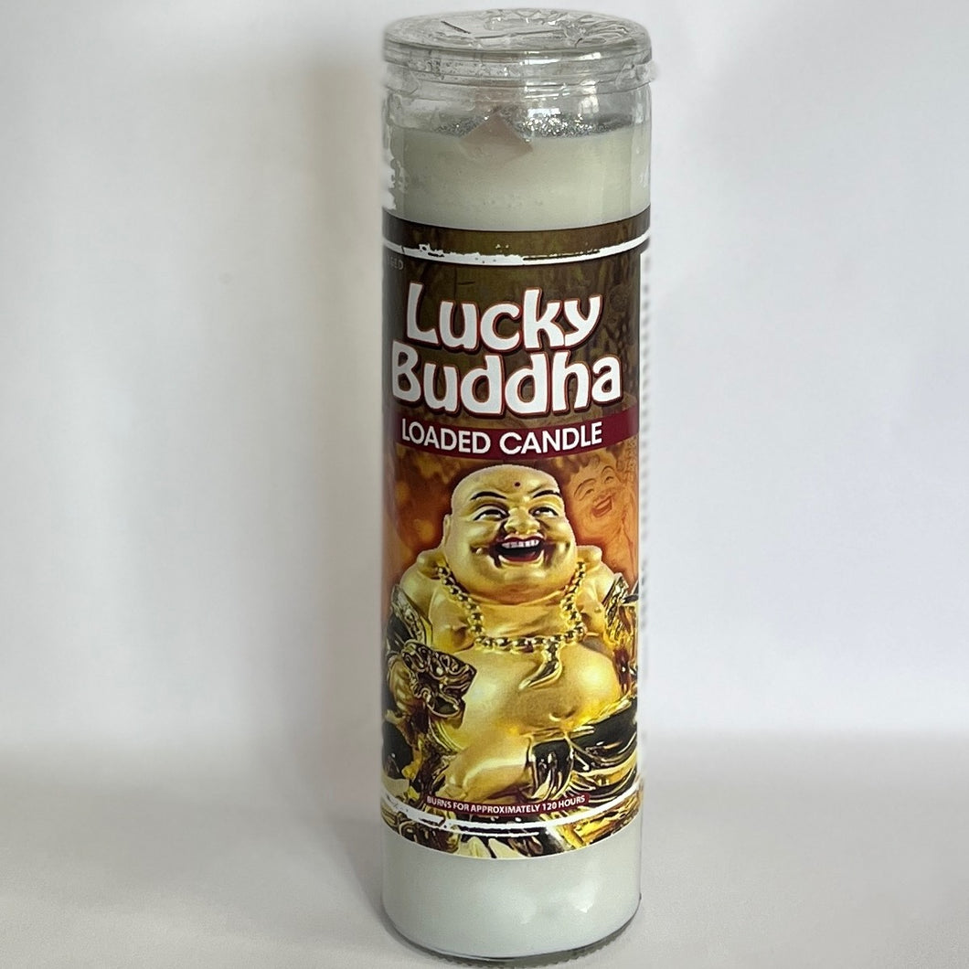 Loaded Lucky Buddha Glass candle (white)